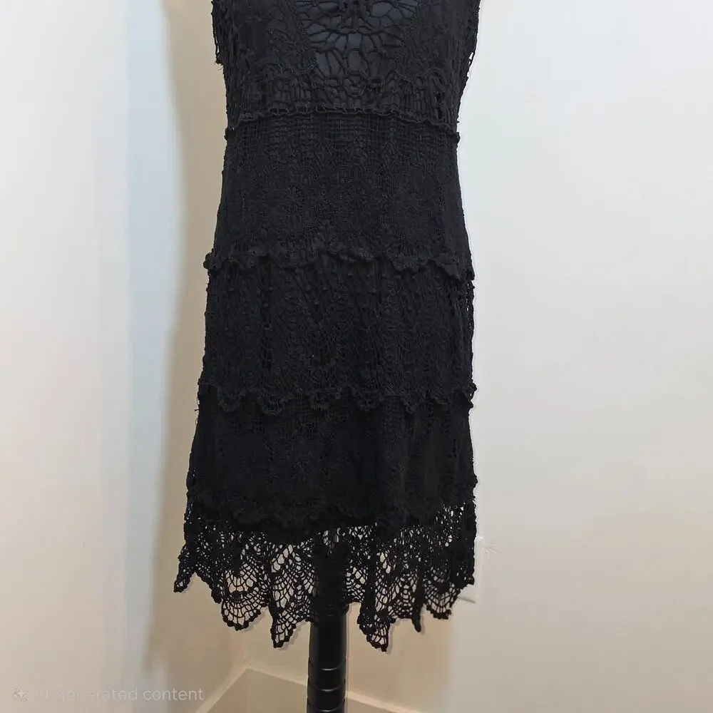 Women's Black Cotton Crochet Dress Sleeveless Lined Size L Handkerchief Boho - Picture 3 of 7